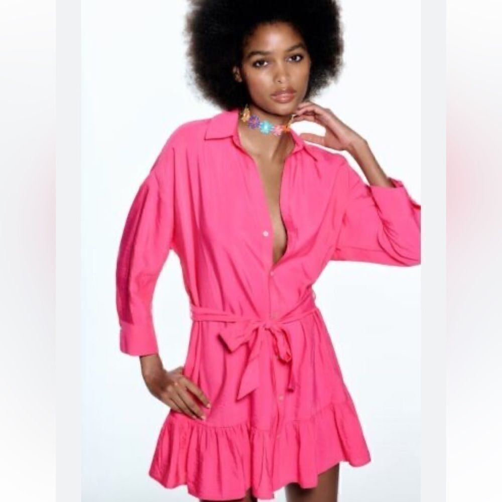 𝅺zara Satin Effect Ruffled Button Front Belted M… - image 1